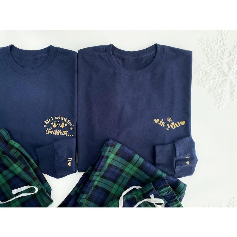 Matching couples pyjamas Christmas long sleeve tartan check gingham blue green initials his her pyjamas boyfriend girlfriend 1st Christmas Christmas Gifts.