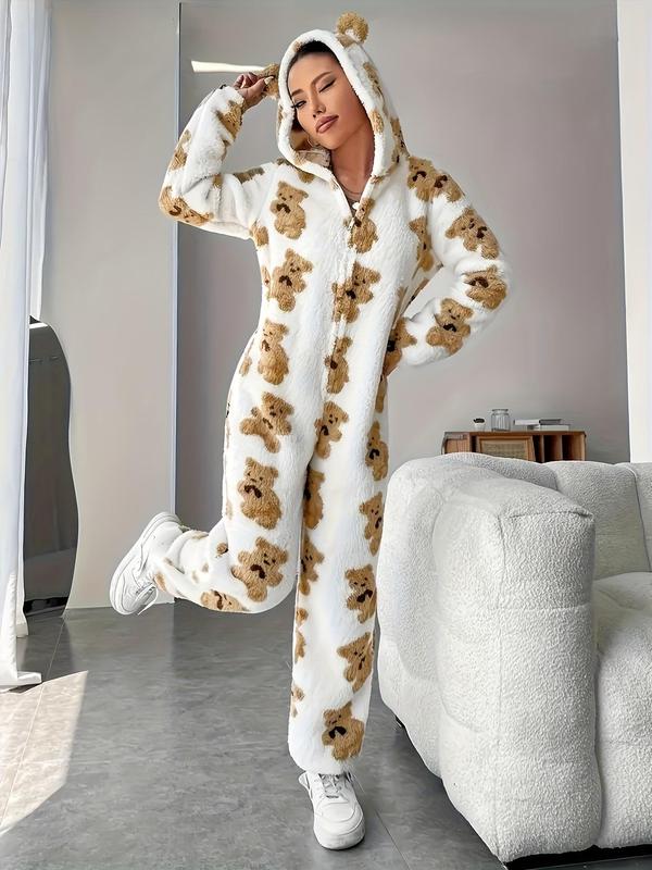 Women's Cartoon Bear Print Zip Up Hooded Jumpsuit, Cute Long Sleeve Zipper Jumpsuit for Daily Wear,  Jumpsuit for Women,  Ladies Winter Clothes