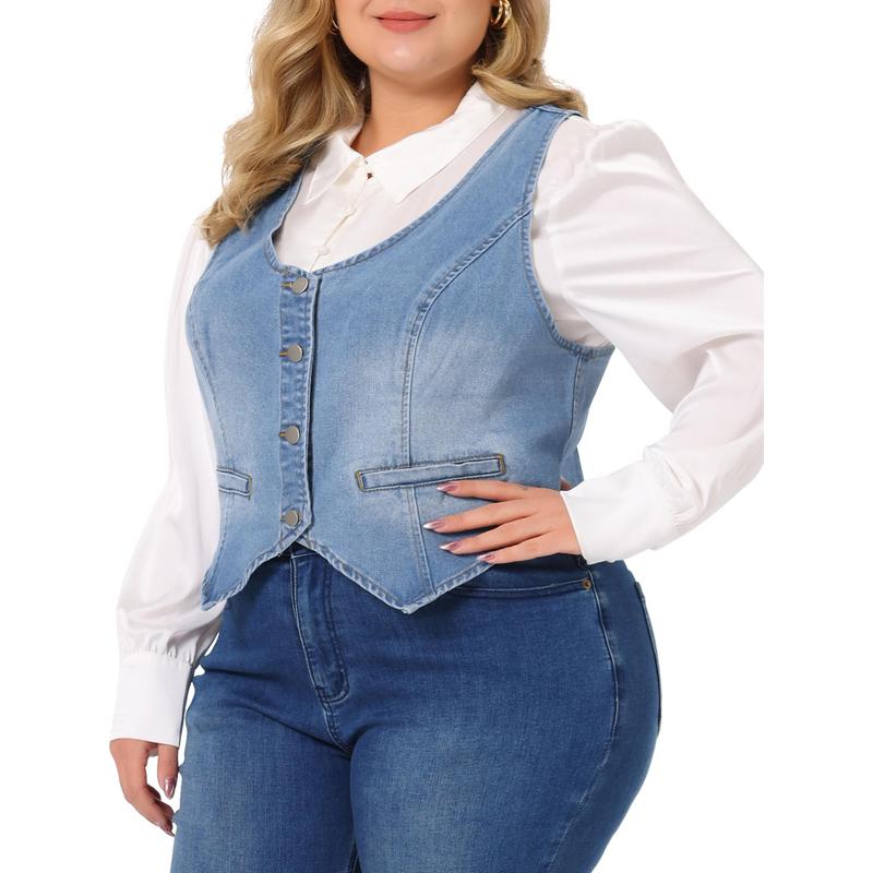 Agnes Orinda Plus Size Denim Vests Tops Button Down Jean Waistcoat Casual Sleeveless Jacket Light Blue