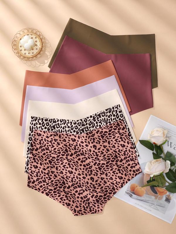 Women's Solid Color & Leopard Print High Waist Panty, Soft Comfy Breathable Seamless Knicker for Daily Wear, Underwear for All Seasons