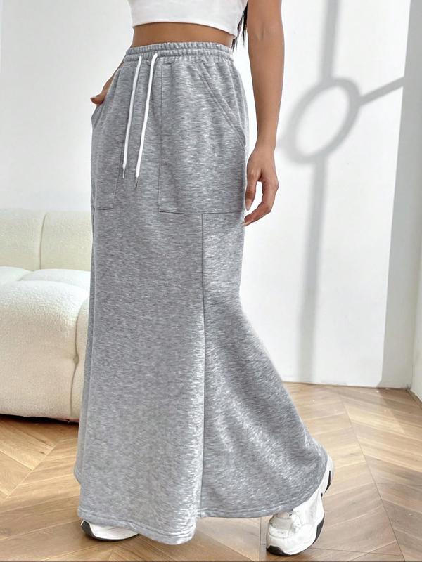 Women's Plain Drawstring Waist Mermaid Skirt, Casual Pocket Long Skirt for Fall & Winter, Women's Bottoms for Daily Wear