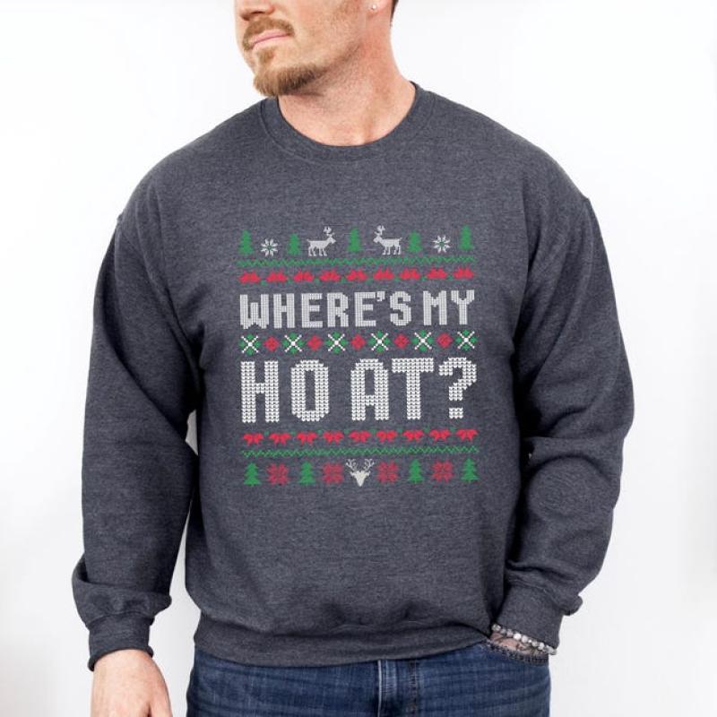 Funny Couple Ugly Christmas Sweater, Where's My Ho At Ugly Sweater, Ho Sweater Humorous Couples Matching Fun Holiday Apparel Holiday Party