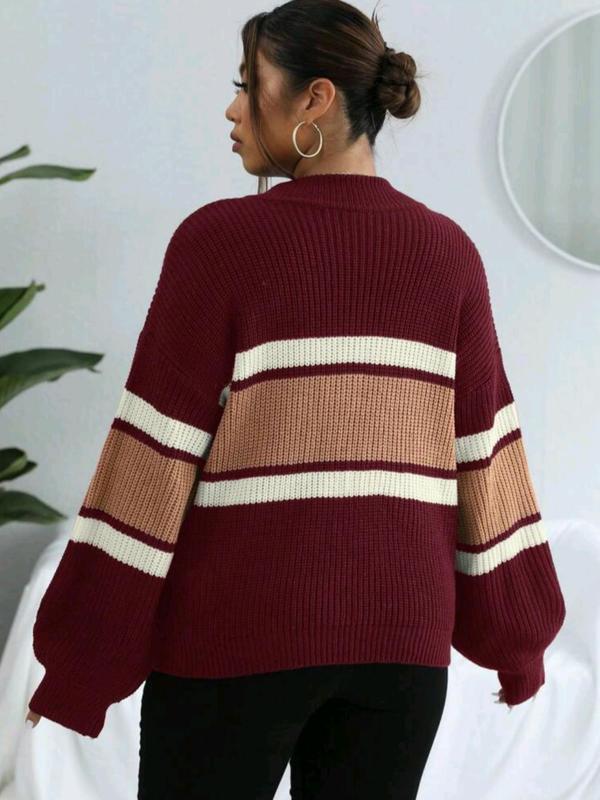 Women's Colorblock Striped Print Half Zip Up Mock Neck Sweater, Casual Loose Drop Shoulder Long Sleeve Jumper, Women's Fall Knitwear for Daily Wear, Back To School Outfit, Sweaters for Women, Fall Outfits for Women