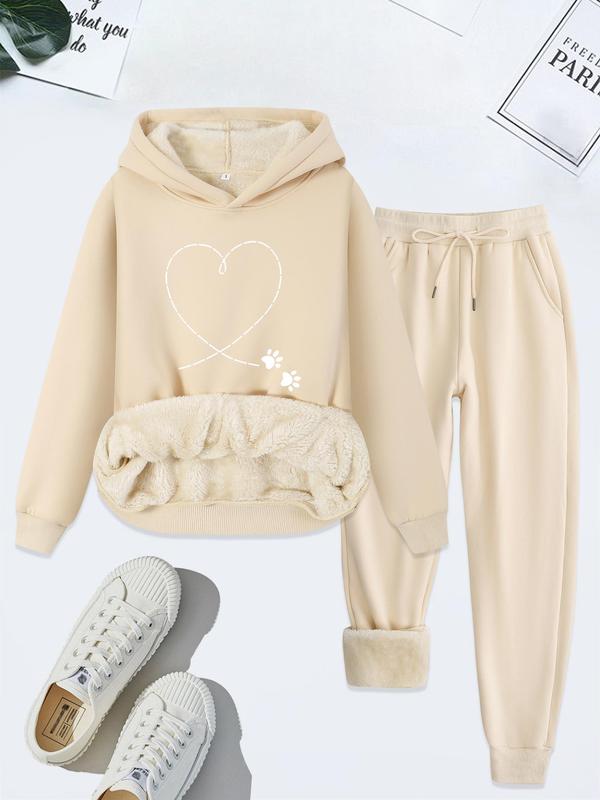 Women's Heart Print Hoodie & Drawstring Waist Pants Thermal Lined Two-piece Set, Casual Long Sleeve Hooded Sweatshirt & Pocket Trousers, Women's Fall & Winter Clothes