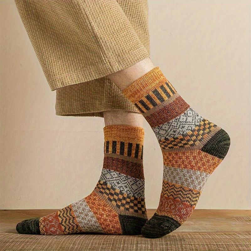 5 pairs of unisex Geo Pattern socks, ethnic retro autumn  winter towel tube socks, ladies stockings and socks Womenswear Underwear Breathable Elastic