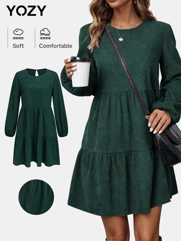 YOZY Women's Plain Ruffle Hem Tiered Layer Smock Dress, Casual Bishop Sleeve Keyhole Neckline Short Dress for Daily Wear, Ladies Clothes for All Seasons