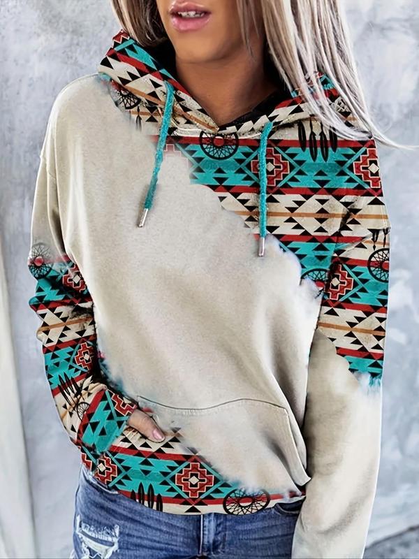 Women's Ethnic Pattern Drawstring Hoodie, Casual Geometric Print Hooded Sweatshirt for Daily Wear, Ladies Clothes for All Seasons