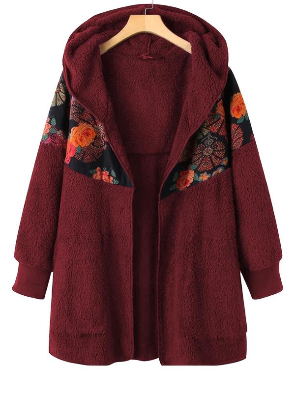 Floral Print Zipper Hooded Jacket, Casual Long Sleeve Open Front Outerwear for Fall & Winter, Women's Clothes for Daily Wear