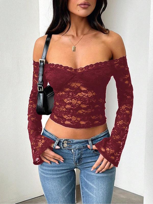 Women's Solid Color Off Shoulder Sheer Lace Top, Casual Long Sleeve Raglan Sleeve Top for Fall & Winter, Women's Clothing for Daily Wear