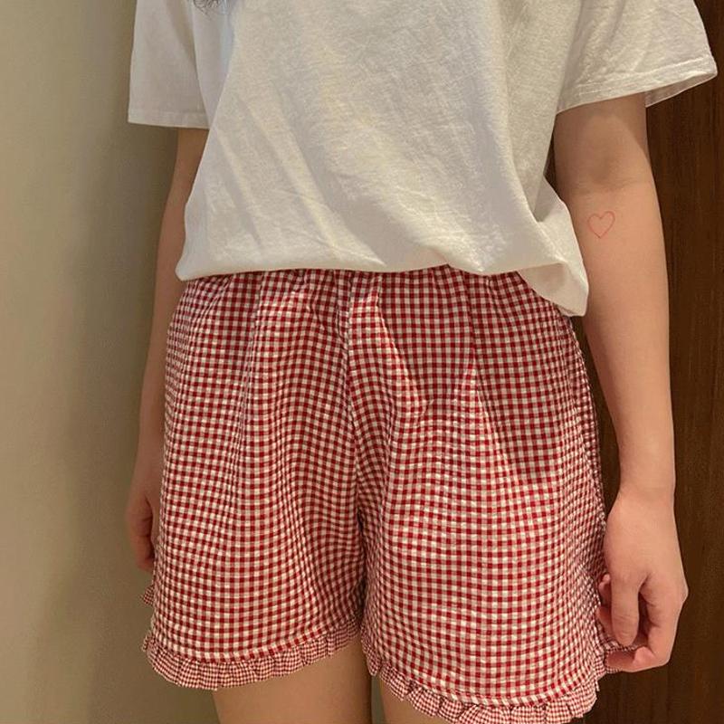 Plaid Shorts for Women Y2K Ruffle Hem High Waist Elastic Pajama Shorts Lounge Gingham Boxer Pj Bottom Going Out Shorts