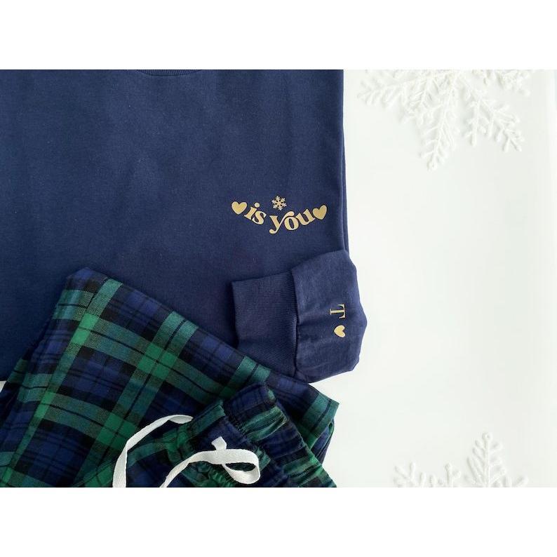 Matching couples pyjamas Christmas long sleeve tartan check gingham blue green initials his her pyjamas boyfriend girlfriend 1st Christmas Christmas Gifts.