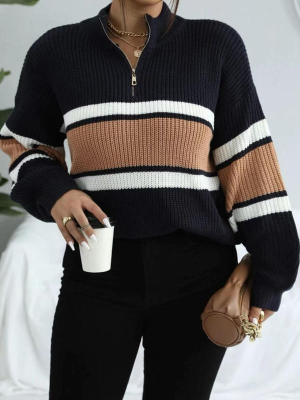 Women's Colorblock Striped Print Half Zip Up Mock Neck Sweater, Casual Loose Drop Shoulder Long Sleeve Jumper, Women's Fall Knitwear for Daily Wear, Back To School Outfit, Sweaters for Women, Fall Outfits for Women