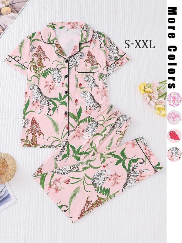 Women's All Over Cartoon Print Lapel Neck Button Front Pajama Two-piece Set, Casual Comfy Short Sleeve Pocket Shirt & Elastic Waist Pants Pj Set, Ladies Sleepwear for All Seasons