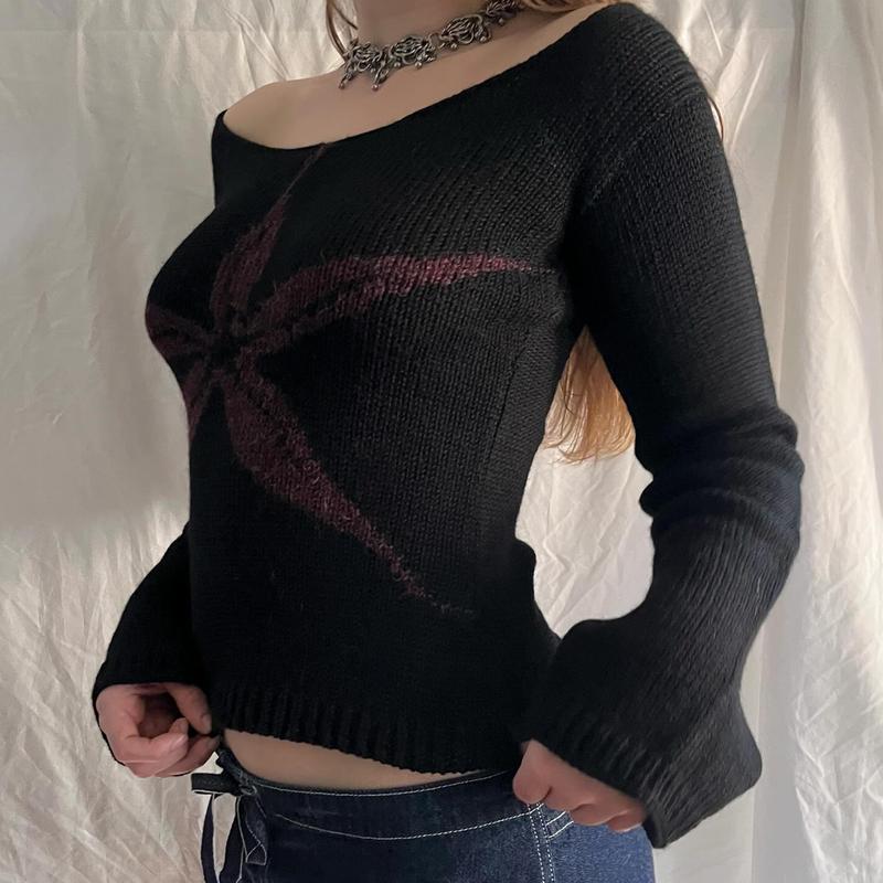 Women's Off Shoulder SweaterGraphic Print Long Sleeve Knit Tops Vintage Streetwear