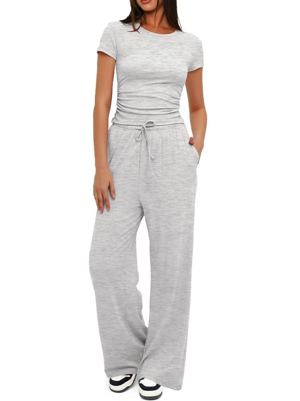 Women's Solid Color Tee & Wide Leg Pants Loungewear Two-Piece Set, Casual Comfy Round Neck Short Sleeve T-Shirt & Trousers PJ Set, Ladies Sleepwear for All Seasons