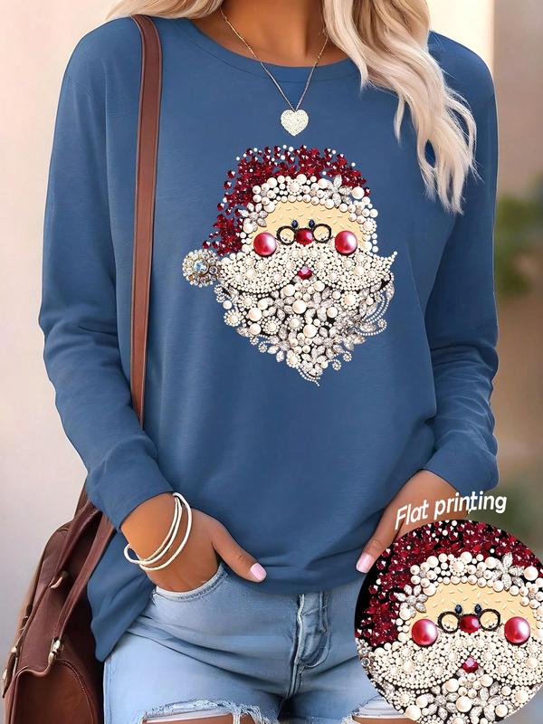 Women's Cartoon Santa Claus Print Round Neck T-shirts, Casual Long Sleeve Crew Neck T-shirts for Fall & Winter, Fashion Women's Top for Daily Wear