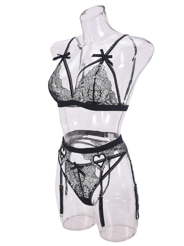 Women's Floral Embroidery Sheer Tulle Sexy Lingerie Three-piece Set, Adjustable Strap Bow Front Bra & Thong & Garter Belt Set, Lingerie Set for Women