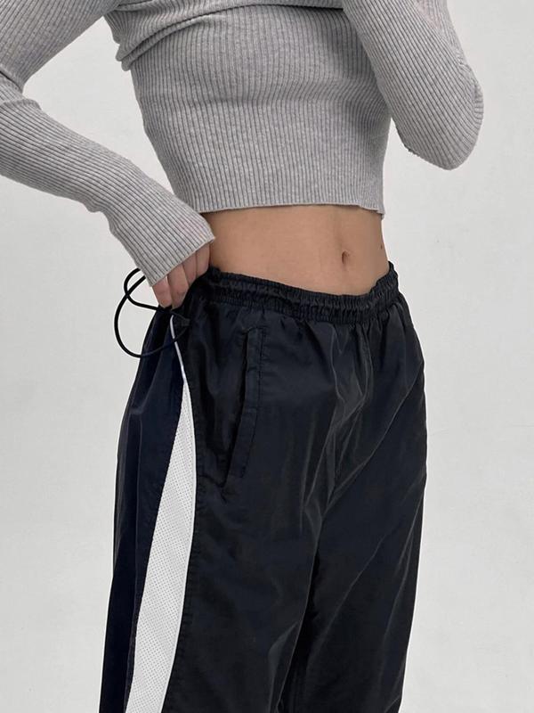 Women's Colorblock Patchwork Side Striped Drawstring Waist Pants, Pants for Women, Casual Street Pocket Trousers for Daily Wear, Ladies Bottoms for All Seasons