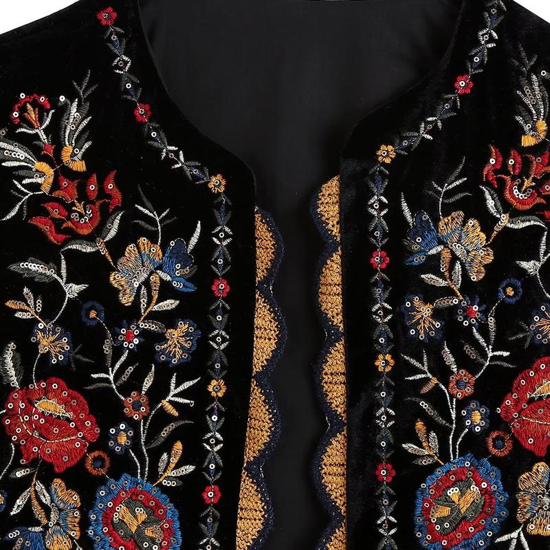 Women Vest Vintage Floral Embroidered Crop Vest Casual National Open Front Sleeveless Cardigan Outerwear Gilet Streetwear