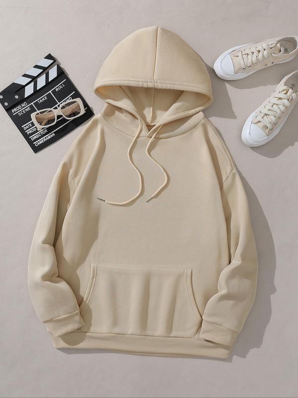 Women's Plain Drawstring Pocket Hoodie, Casual Drop Shoulder Long Sleeve Hooded Sweatshirt, Ladies Fall & Winter Clothes for Daily Wear