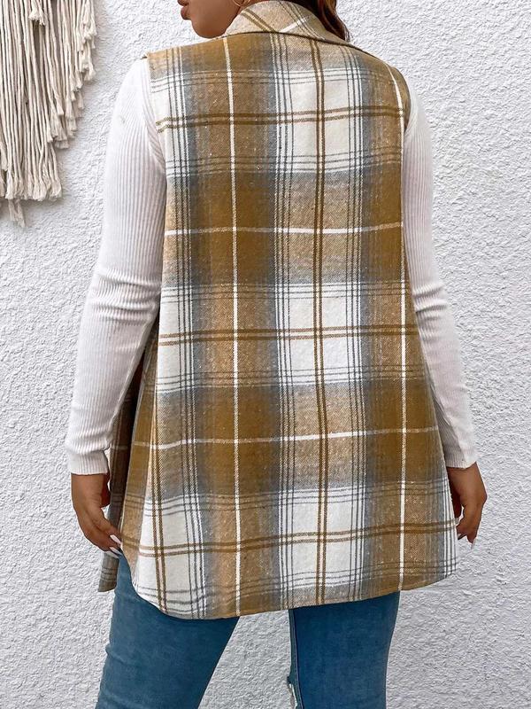  Women's Plaid Print Button Front Vest Coat, Casual Sleeveless Fake Pocket Decor Collared Outerwear for Fall & Winter, Women's Clothes for Daily Wear