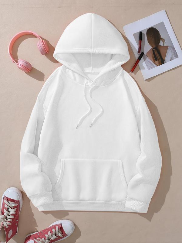 Women's Plain Drawstring Pocket Hoodie, Casual Drop Shoulder Long Sleeve Hooded Sweatshirt, Ladies Fall & Winter Clothes for Daily Wear