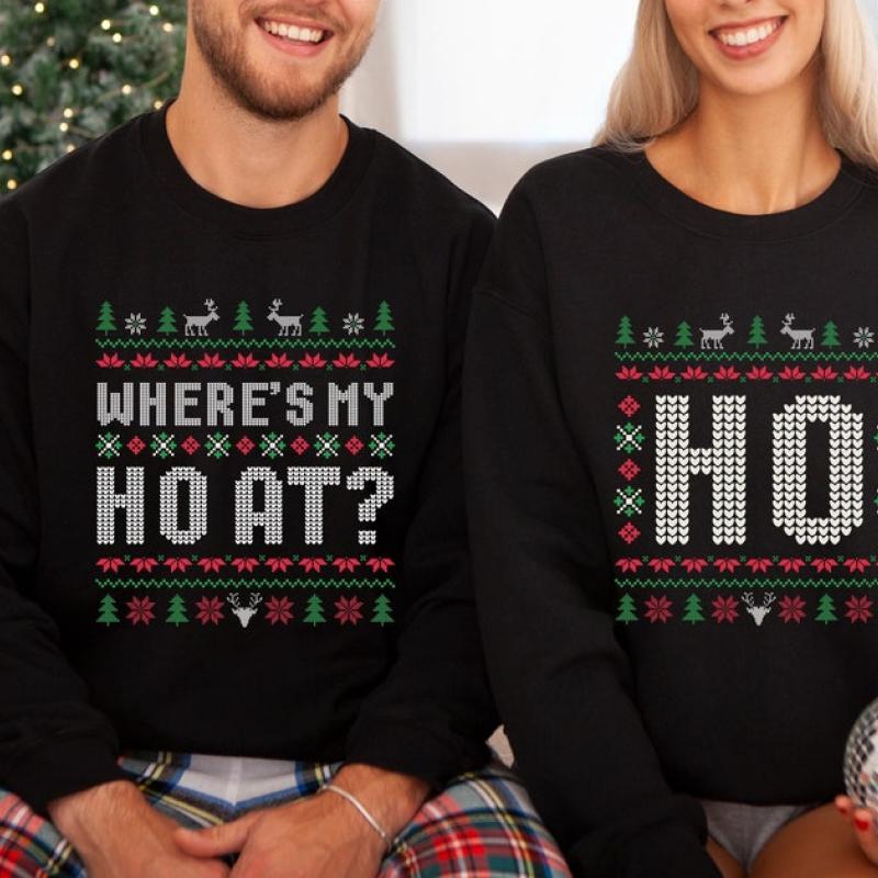 Funny Couple Ugly Christmas Sweater, Where's My Ho At Ugly Sweater, Ho Sweater Humorous Couples Matching Fun Holiday Apparel Holiday Party