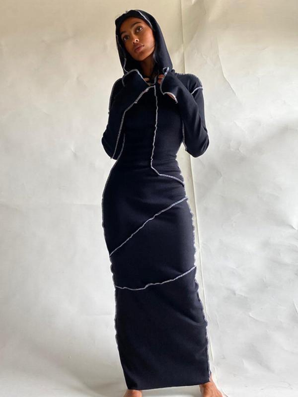 Minimalist Plain Drop Shoulder Longsleeves Hooded Bodycon Dress, Womenswear, Long Sleeve Solid Long Dresses, Womenswear, Lady Please Purchase A Size Up