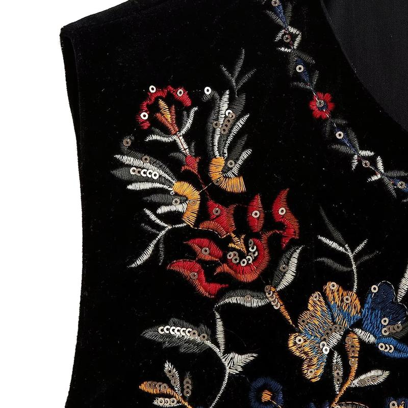 Women Vest Vintage Floral Embroidered Crop Vest Casual National Open Front Sleeveless Cardigan Outerwear Gilet Streetwear