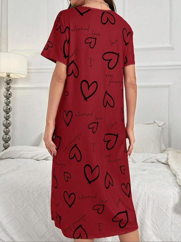 Women's Heart & Letter Print Round Neck Nightdress, Casual Soft Comfortable Short Sleeve Nightgown for Daily Home Wear, Ladies Sleepwear for All Seasons