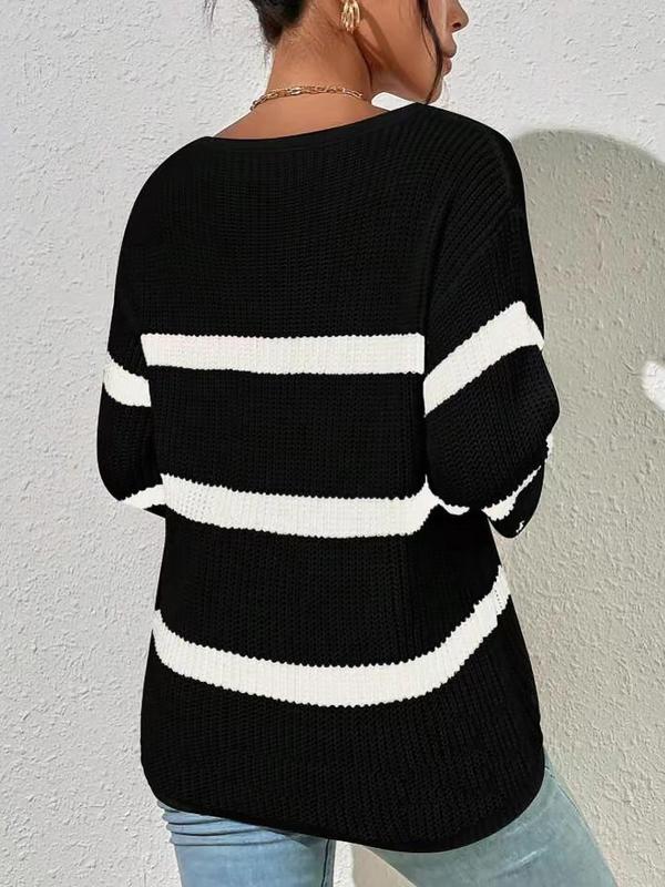 Women's Striped Print Drop Shoulder Sweater, Sweater for Women, Casual Long Sleeve V Neck Jumper for Fall & Winter, Cozy Fall Outfits for Women