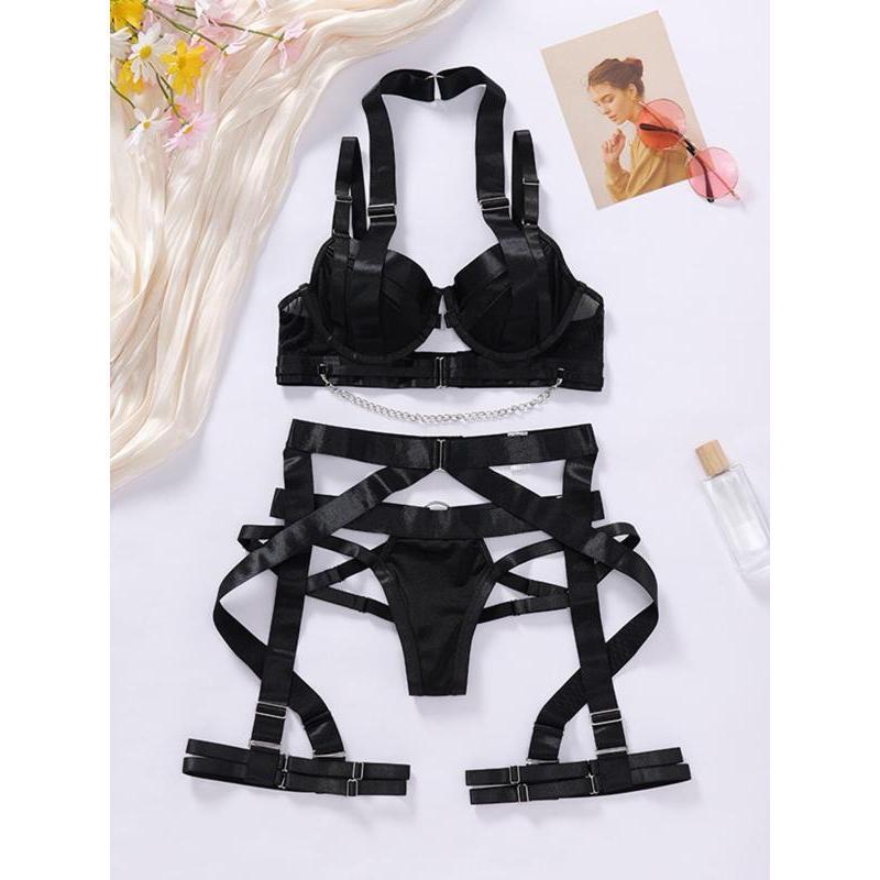 Women's Solid Color Chain Decor Sexy Lingerie Set, Adjustable Strap Bra & Cut Out Thong & Garter Belt & Thigh Straps Set, Women's Sexy Lingerie & Underwear for All Seasons