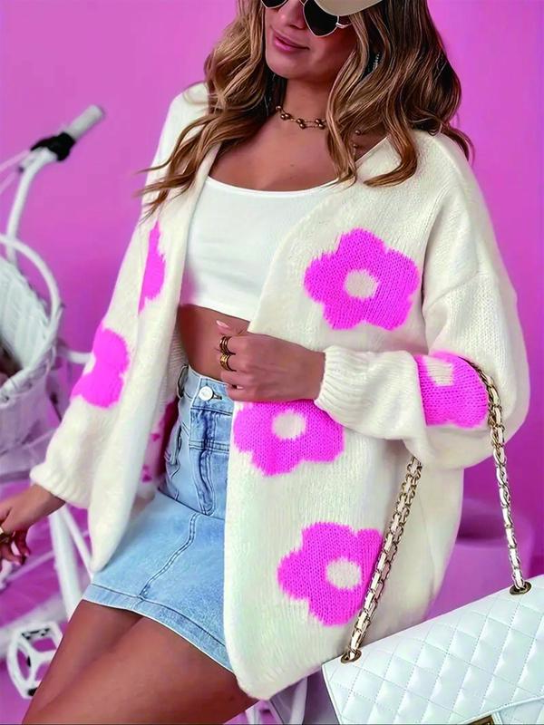  Plus Size Floral Print Drop Shoulder Cardigan, Casual Long Sleeve Open Front Knitwear for Fall, Women's Plus Clothing for Daily Wear, Downtown Girl Clothes