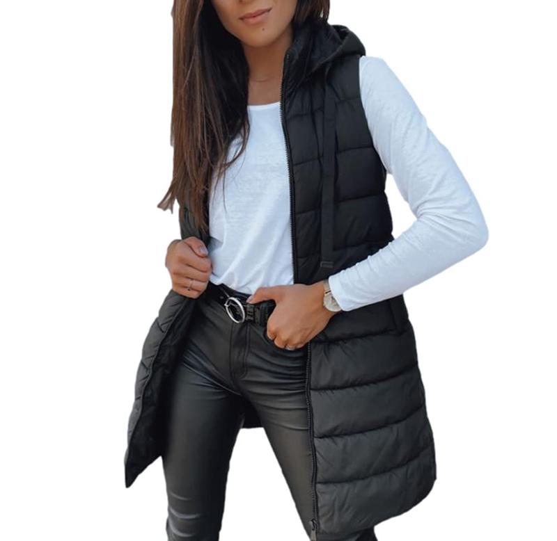 Tankaneo Women Long Vest Solid Color Sleeveless Hood Winter Puffer Vest Outwear Womenswear Tops Comfort Basic Casual Hoodie Minimalist