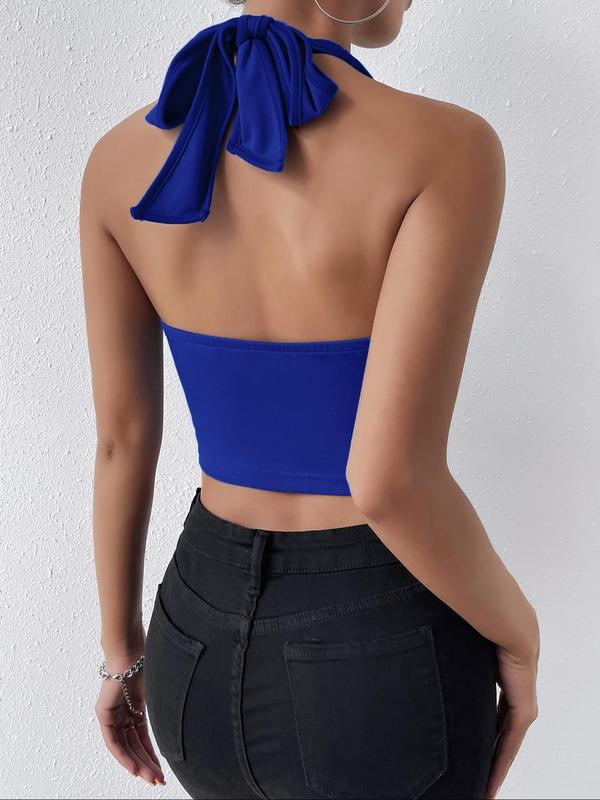 Women's Solid Color Asymmetrical Hem Tie Back Halter Crop Tank Top, Summer Clothes Women, Casual Sleeveless Backless Top for Summer, Ladies Clothes for Daily Wear