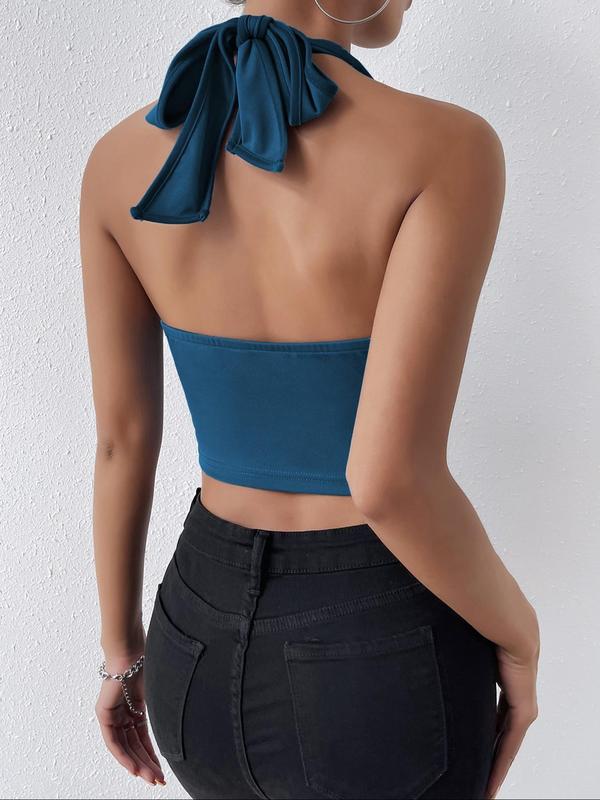 Women's Solid Color Asymmetrical Hem Tie Back Halter Crop Tank Top, Summer Clothes Women, Casual Sleeveless Backless Top for Summer, Ladies Clothes for Daily Wear