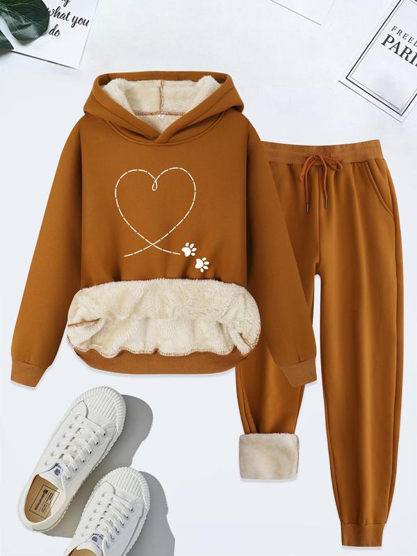 Women's Heart Print Hoodie & Drawstring Waist Pants Thermal Lined Two-piece Set, Casual Long Sleeve Hooded Sweatshirt & Pocket Trousers, Women's Fall & Winter Clothes