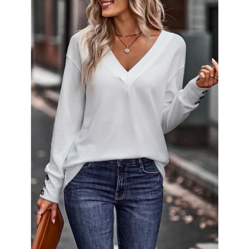 2024 Women's Autumn and Winter New Solid Color and V-neck Loose Long-Sleeved T-shirt Button