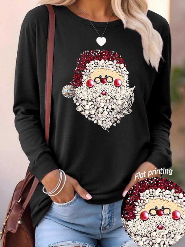 Women's Cartoon Santa Claus Print Round Neck T-shirts, Casual Long Sleeve Crew Neck T-shirts for Fall & Winter, Fashion Women's Top for Daily Wear