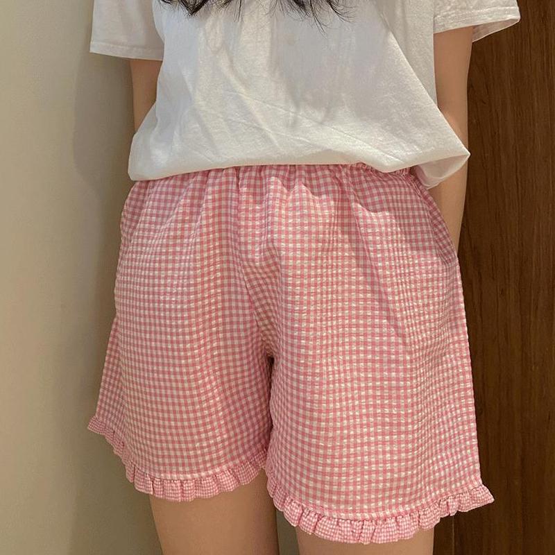 Plaid Shorts for Women Y2K Ruffle Hem High Waist Elastic Pajama Shorts Lounge Gingham Boxer Pj Bottom Going Out Shorts