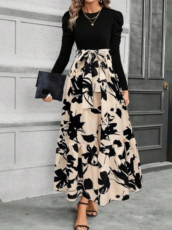 Women's Floral Patchwork Print Belted Ruffle Hem A Line Dress, Elegant Puff Sleeve Round Neck Long Dress for Spring & Fall, Women's Clothing for Daily Wear