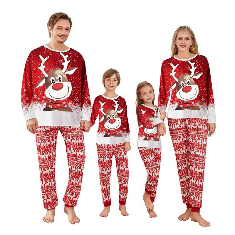 Family Christmas pajamas long-sleeved deer snowflake print pullover T-shirt with free pants Womenswear Clothing