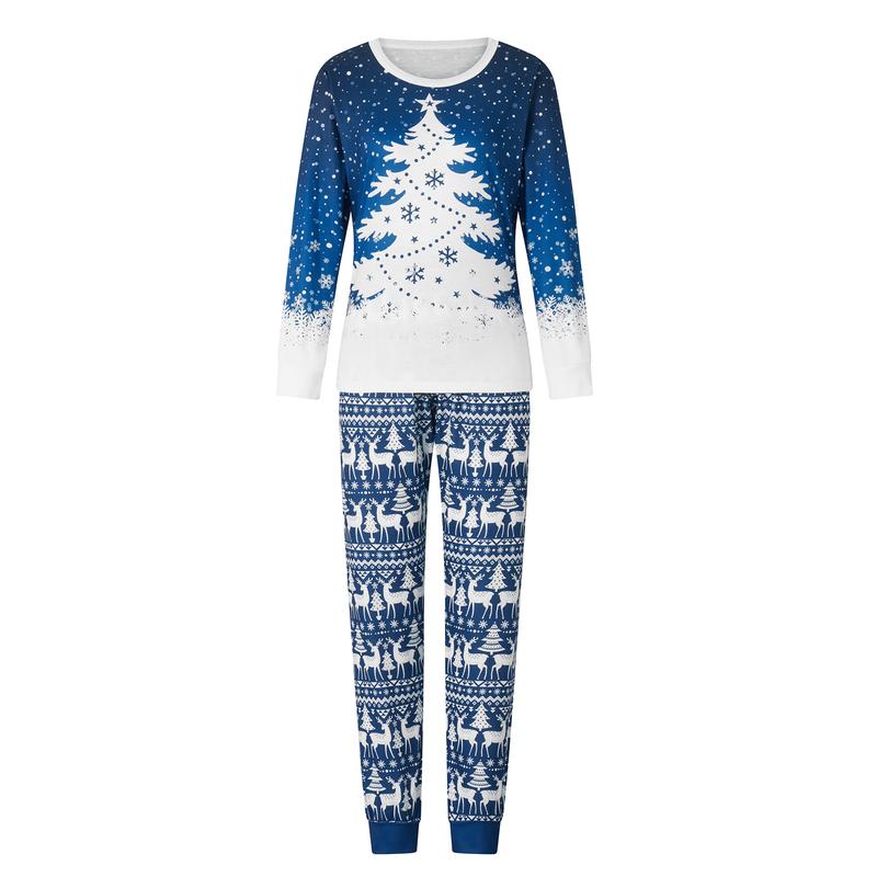 Blue Christmas Pajamas for Family Snowflake Tree Print Long Sleeve Crew Neck Tops + Pants Set Sleepwear