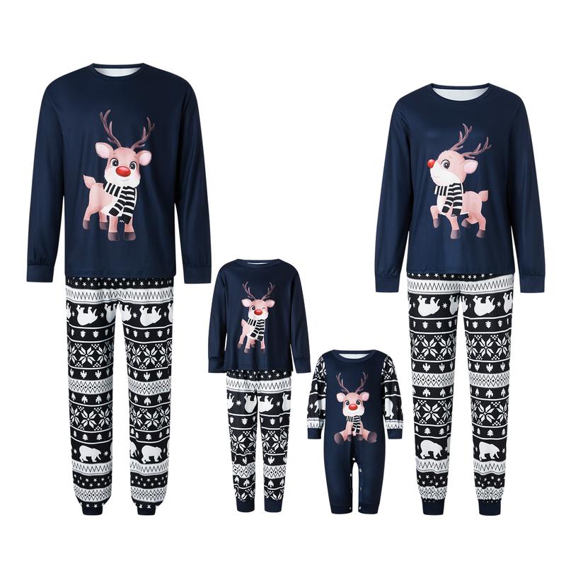 Matching Christmas Pajamas For Family Christmas Elk Print Long Sleeve Tops and Stretch Casual Pants Sleepwear