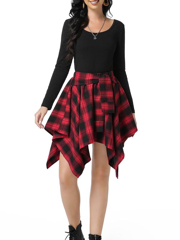 Women's Plaid Print AsymmetricalHem Skirt, Casual Fashion Tie Front ALine Skirt for Daily Wear, Ladies FallClothes, Experimental Outfits, Preppy80s Clothes  Bottom Womenswear