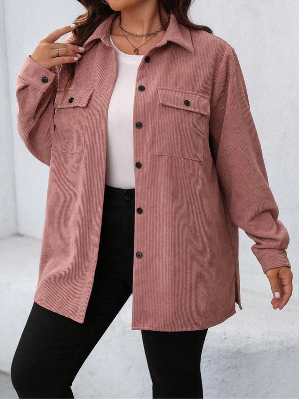 Solid Button Front Pocket Corduroy Jacket, Casual Long Sleeve Collared Outerwear for Fall & Winter, Women's Clothes for Daily Wear