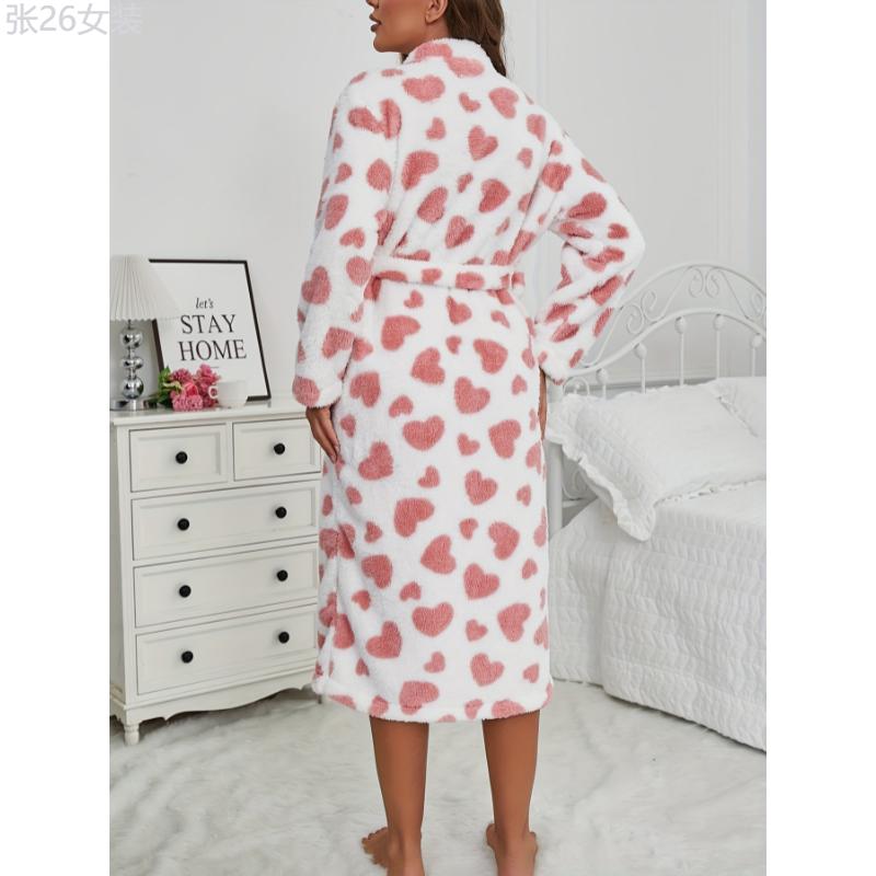 Cozy Heart Print Fleece Robe for Women - Thick, Warm V-Neck Lounge Dress with Belt, Perfect for Fall Winter Collar Fabric