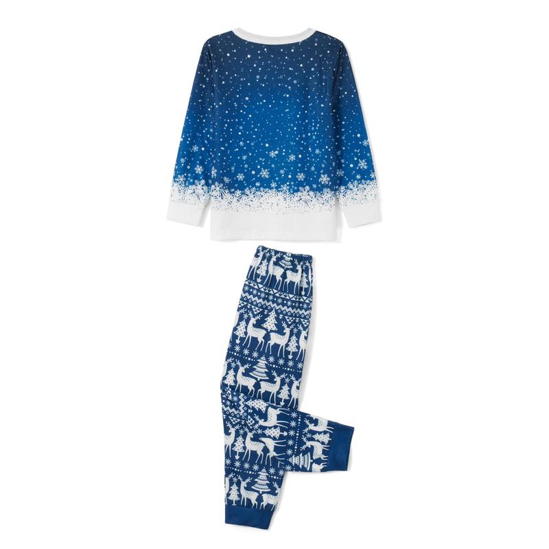 Blue Christmas Pajamas for Family Snowflake Tree Print Long Sleeve Crew Neck Tops + Pants Set Sleepwear