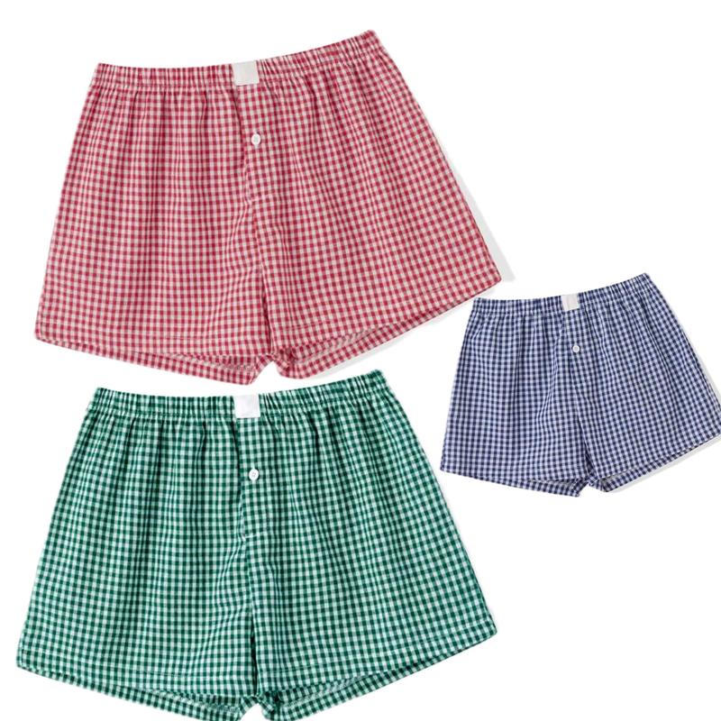 Plaid boxers shorts two-pack Women’s Plaid Print Shorts Elastic Low Waist Button Front Lounge Shorts Boxers Streetwear， Lady Fabric Underwear Womenswear，Back To School Outfits