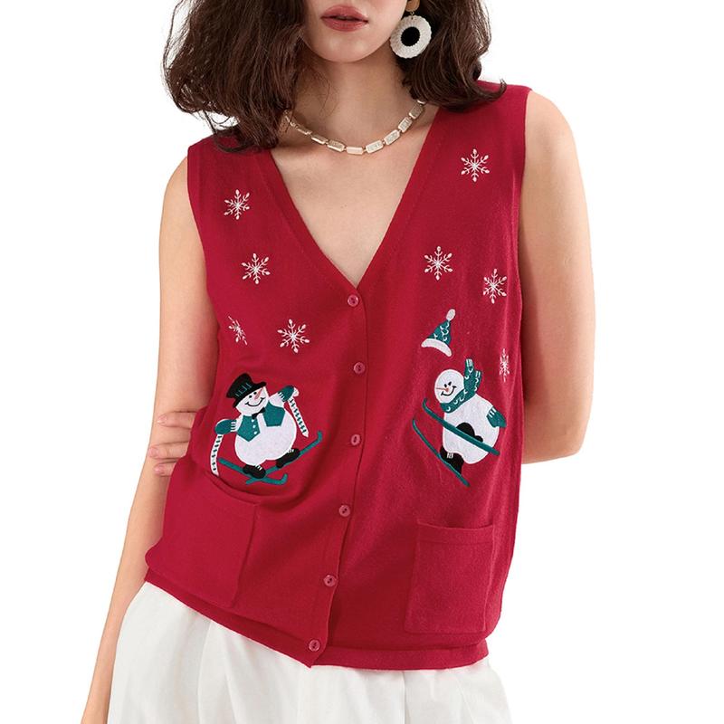 Women Christmas Knit Vest Holiday Graphic Button Sweater Vest Embroidery Santa Print Sleeveless Cardigan Knit V Neck Vest Top Xmas Clothes